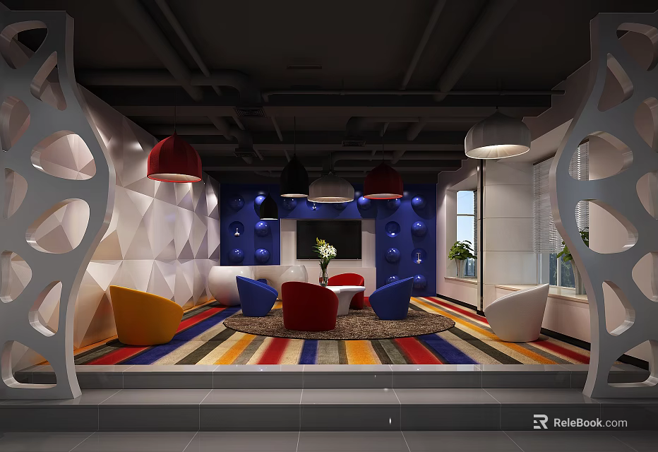 Modern Lounge Area Interior With Colorful Armchairs Geometric Pattern Walls Striped Rug And Pendant Lights 3d model 