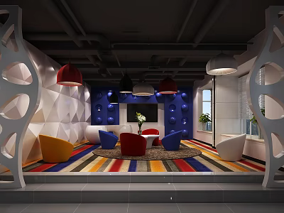 Modern Lounge Area Interior With Colorful Armchairs Geometric Pattern Walls Striped Rug And Pendant Lights 3d model