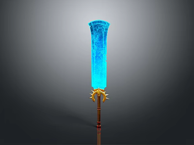 Blue Glowing Fantasy Weapon With Crystal Blade And Golden Sunburst Decorations 3d model