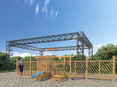 Outdoor Commercial Landscape With Metal Arch Red Sign Wooden Fence Play Equipment 3d model