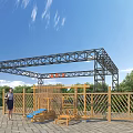 Outdoor Commercial Landscape With Metal Arch Red Sign Wooden Fence Play Equipment