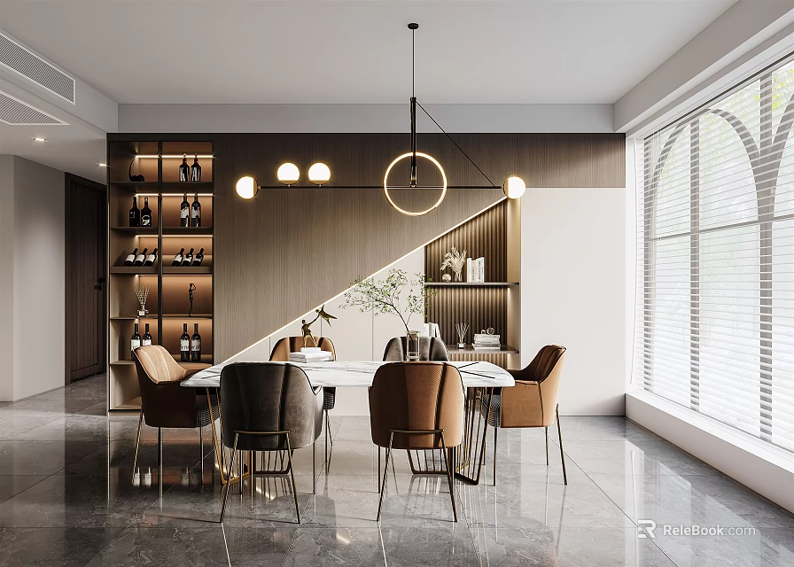 Modern Restaurant Interior With Round Pendant Lights Marble Dining Table Brown Chairs And Wine Rack 3d model 