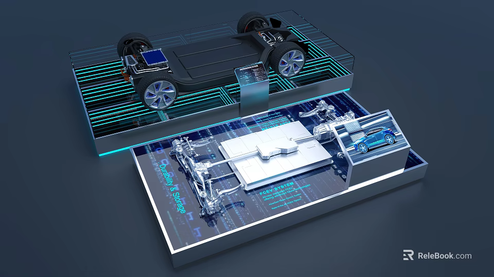 Electric Vehicle Chassis Structural Components With Transparent Tech Display And Blue Lines 3d model