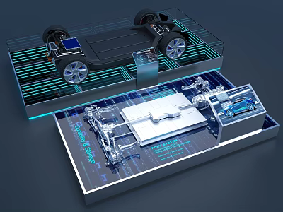 Electric Vehicle Chassis Structural Components With Transparent Tech Display And Blue Lines 3d model