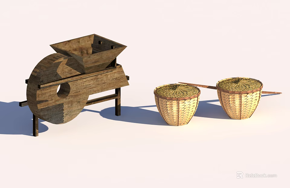 Rustic Garden Decorative Accents Featuring Wooden Mill and Wicker Baskets 3d model 