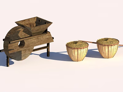 Rustic Garden Decorative Accents Featuring Wooden Mill and Wicker Baskets 3d model