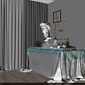 Dining Table With Turquoise Tablecloth White Sculpture Vase Olive Bottle Fruit Fish Green Plant Wall Paintings