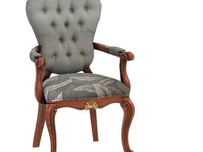 Elegant Accent Chair With Tufted Gray Backrest Wooden Armrests And Patterned Seat Cushion 3d model