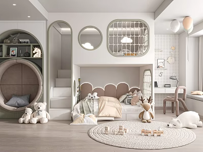 Modern Kids Room Interior With Bunk Bed Circular Windows Stuffed Toys And Building Blocks 3d model