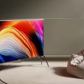 Modern Living Room With Large Screen TV Colorful Display And Bean Bag Chair