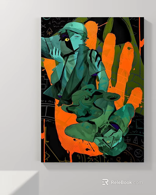 Vibrant Contemporary Abstract Painting With Bold Green Orange Hues And Dynamic Abstract Forms 3d model 