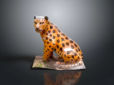 Detailed Sitting Leopard Sculpture With Orange Fur And Black Spots On Decorative Base 3d model