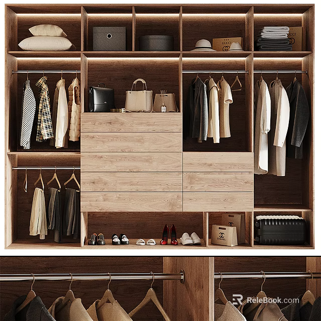 Modern Wooden Wardrobe Interior With Hanging Clothes Drawers And Shoe Storage 3d model 