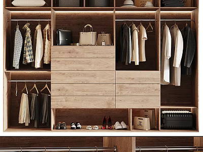 Modern Wooden Wardrobe Interior With Hanging Clothes Drawers And Shoe Storage 3d model