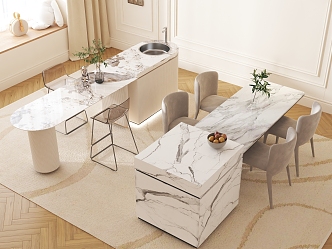 Cream Style Rock Board Island Table Integrated Small Apartment Household Dining Table Simple Household Dining Table and Chair Combination 3d model