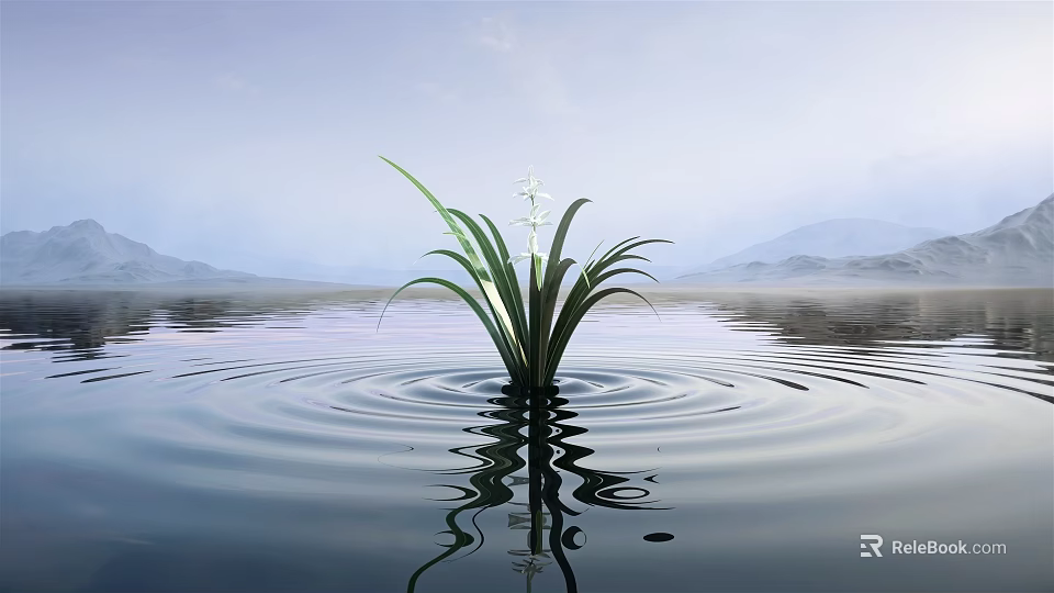 Green Plant with White Flowers Long Leaves Growing in Water Ripples Distant Mountains Lilac Sky 3d model 