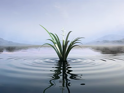 Green Plant with White Flowers Long Leaves Growing in Water Ripples Distant Mountains Lilac Sky 3d model