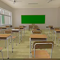 Classroom Interior With Wooden Flooring Rows Of Desks Green Chalkboard And Windows