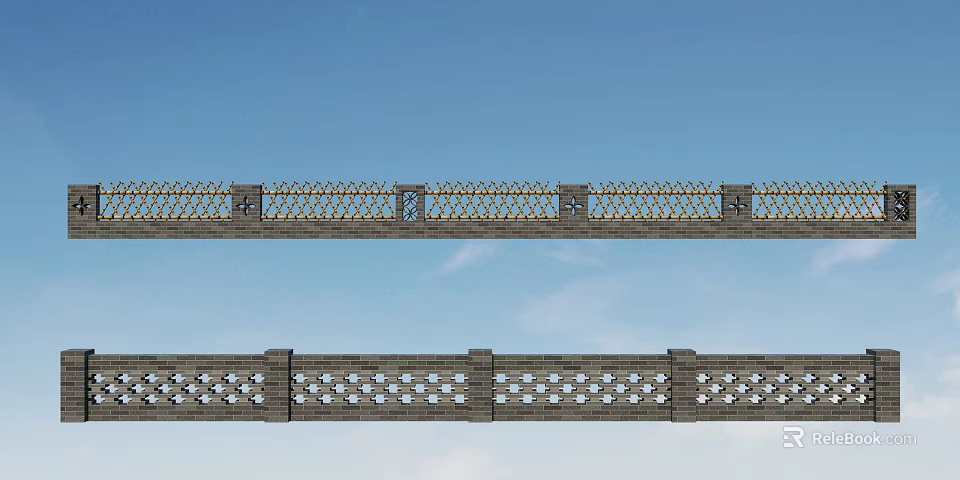 Ornamental Garden Railings with Diamond Patterns and Decorative Blocks Under Blue Sky 3d model 