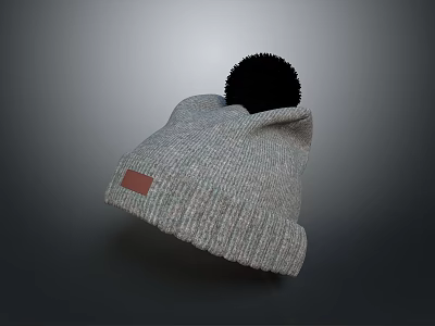 Warm Fashionable Gray Knitted Winter Hat with Black Pom Pom and Red Side Label 3d model Warm Fashionable Gray Knitted Winter Hat with Black Pom Pom and Red Side Label 3d model