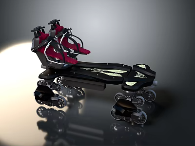 Modern Black Multi Wheeled Vehicle With Red Seats And Reflective Elements 3d model
