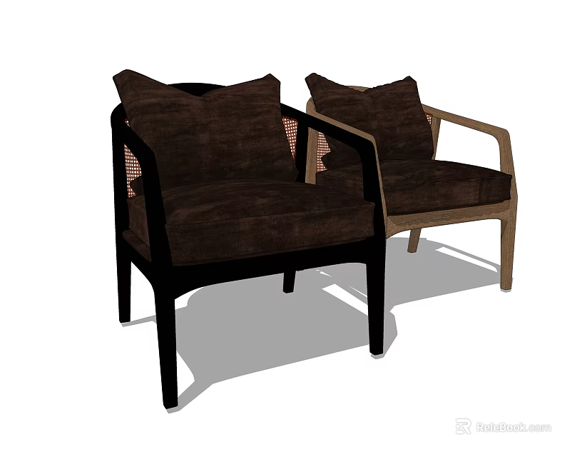Two Comfortable Leisure Chairs With Dark Brown Upholstery And Light Wooden Armrest Frames 3d model 