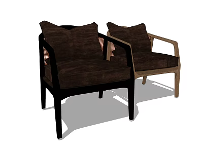 Two Comfortable Leisure Chairs With Dark Brown Upholstery And Light Wooden Armrest Frames 3d model