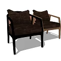 Two Comfortable Leisure Chairs With Dark Brown Upholstery And Light Wooden Armrest Frames