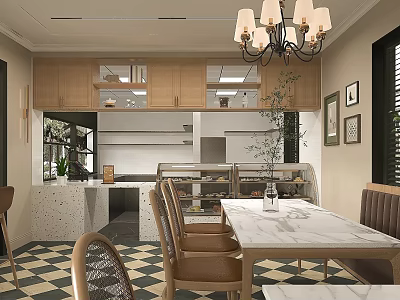 Cozy Cafe Interior With Marble Table Chandelier Cabinets And Checkered Floor 3d model