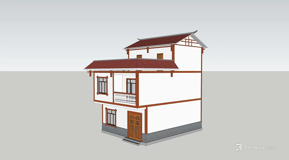 Traditional Chinese Two Story Building With White Walls And Brown Roof Design 3d model 