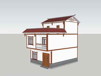 Traditional Chinese Two Story Building With White Walls And Brown Roof Design 3d model