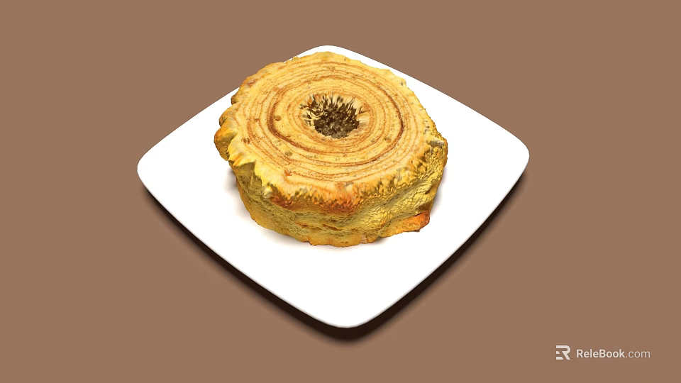 Golden Brown Swirl Bread on White Square Plate with Dark Center and Flaky Layers 3d model 