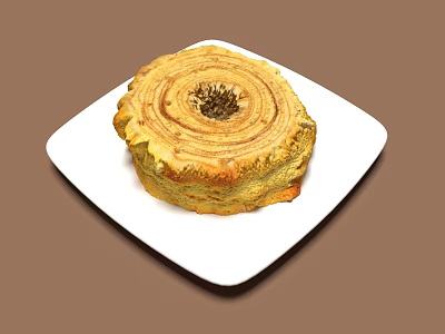 Golden Brown Swirl Bread on White Square Plate with Dark Center and Flaky Layers 3d model