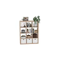 Modern Wooden Bookshelf Design With Shelves Books Decorative Items Green Plant Vase Baskets And Drawers
