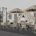 Outdoor Restaurant With Straw Umbrellas Tents String Lights And City Skyline At Night