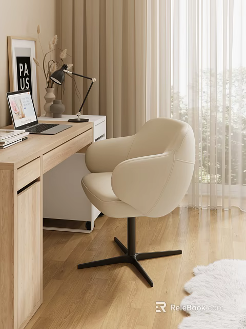 Modern Study Room With Wooden Desk Laptop Table Lamp And Comfortable Chair 3d model 