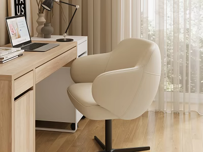 Modern Study Room With Wooden Desk Laptop Table Lamp And Comfortable Chair 3d model
