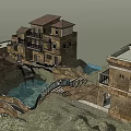 Ancient Village Architectural Model With Stone Bridge Water Area And Mountainous Terrain