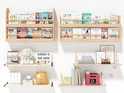 Simple Wooden Bookshelf With Colorful Books Stuffed Toys Decorative Signs And Small Ornaments 3d model