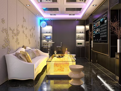 Modern KTV Lounge Interior With White Sofa Glass Coffee Table TV Screen And Ambient Lighting 3d model