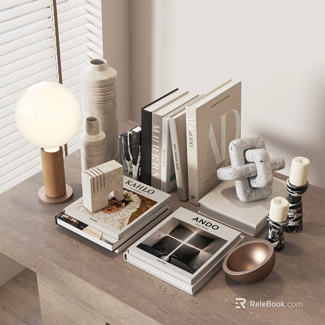 Modern Tabletop Decorative Ornaments Set With Lamp Vase Books Knotted Decor Candles And Copper Bowl 3d model 