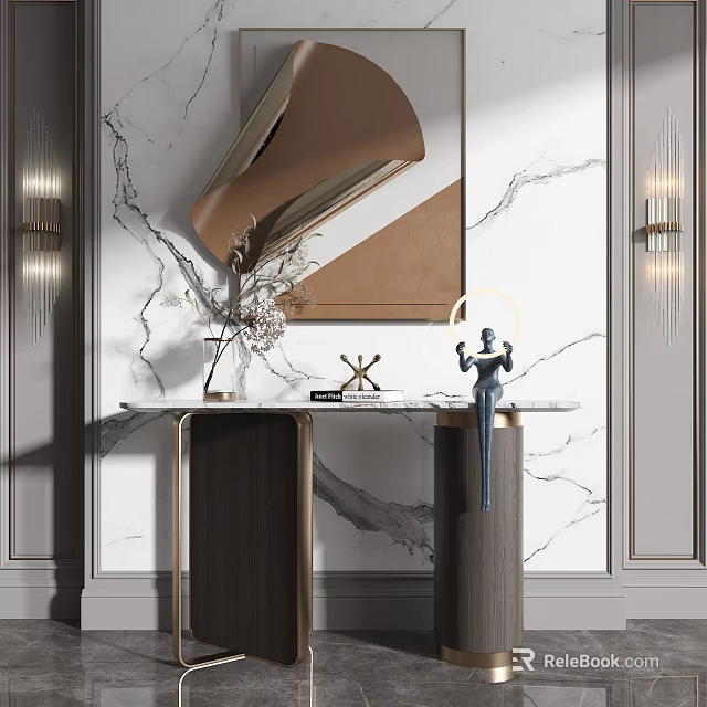 Elegant Modern Console Table with Marble Wall Sculpture Vase and Wall Sconces 3d model