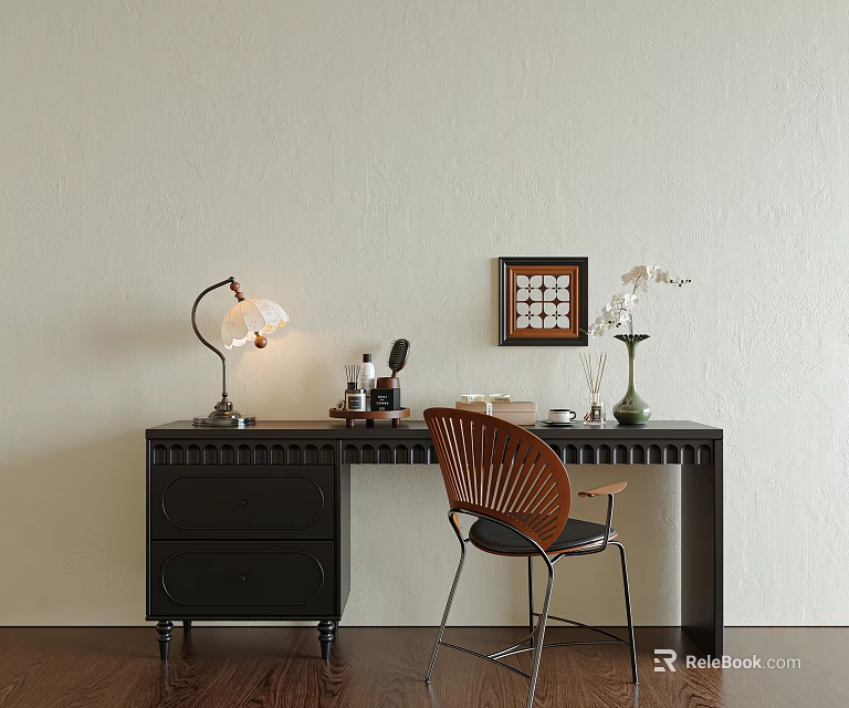 Modern Dressing Table with Wall Art on Beige Wall Brown Chair Table Lamp and Vase 3d model 