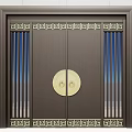 Dark Brown Double Front Door With Vertical Glass Panels And Geometric Patterns On Frame 3d model