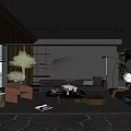 Dark Modern Living Room Interior With Sofa Coffee Tables Plants Floor Lamp And Rug