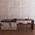 Modern Bar Counter Featuring Marble Countertop Dark Frame Wooden Floor And Two Stools