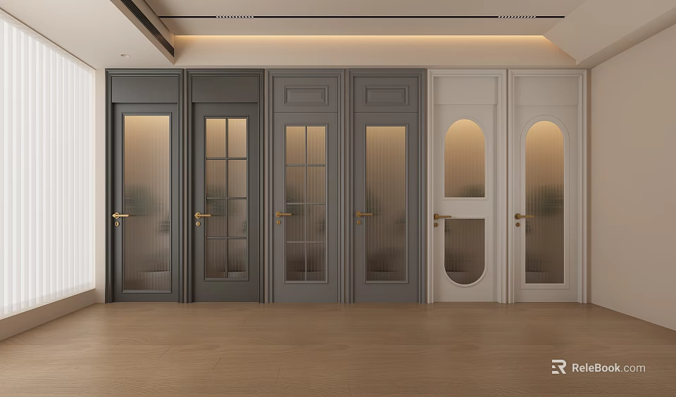 Modern Gray And White Hinged Doors With Glass Panels Arch Design And Golden Handles 3d model 
