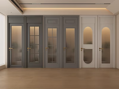 Modern Gray And White Hinged Doors With Glass Panels Arch Design And Golden Handles 3d model