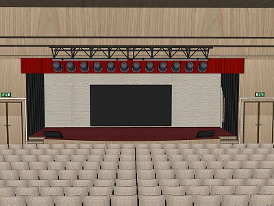 Spacious Conference Room Interior With Stage Red Curtains Large Screen And Seats 3d model