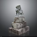 Ancient Stone Lion Statue On Three Tiered Pedestal With Carved Details